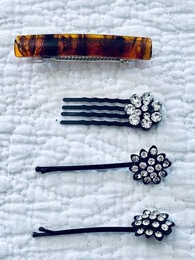 J. Crew Tortoiseshell Barrette and Black Crystal Flower Bobby Pins